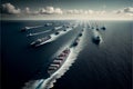 Fleet of cargo ships sailing ocean. Container nautical vessels with shipment of export goods making supply chain