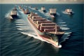 Fleet of cargo ships sailing ocean. Container nautical vessels with shipment of export goods making supply chain