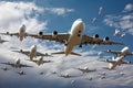 A fleet of commercial airplanes flying high in the sky together as a squadron.