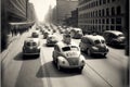 A fleet of driverless cars navigating through a city, with robot