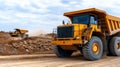 A fleet of large yellow mining trucks drives along a dirt road in a unique open-pit mine, featuring a visually striking Royalty Free Stock Photo