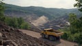 A fleet of large yellow mining trucks drives along a dirt road in a unique open-pit mine, featuring a visually striking Royalty Free Stock Photo
