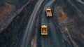 A fleet of large yellow mining trucks drives along a dirt road in a unique open-pit mine, featuring a visually striking Royalty Free Stock Photo