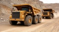 A fleet of large yellow mining trucks drives along a dirt road in a unique open-pit mine, featuring a visually striking Royalty Free Stock Photo