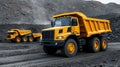A fleet of large yellow mining trucks drives along a dirt road in a unique open-pit mine, featuring a visually striking Royalty Free Stock Photo