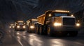 A fleet of large yellow mining trucks drives along a dirt road in a unique open-pit mine, featuring a visually striking Royalty Free Stock Photo