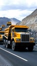 A fleet of large yellow mining trucks drives along a dirt road in a unique open-pit mine, featuring a visually striking Royalty Free Stock Photo