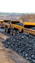 A fleet of large yellow mining trucks drives along a dirt road in a unique open-pit mine, featuring a visually striking Royalty Free Stock Photo