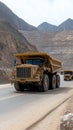 A fleet of large yellow mining trucks drives along a dirt road in a unique open-pit mine, featuring a visually striking Royalty Free Stock Photo