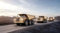 A fleet of large yellow mining trucks drives along a dirt road in a unique open-pit mine, featuring a visually striking Royalty Free Stock Photo