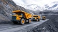 A fleet of large yellow mining trucks drives along a dirt road in a unique open-pit mine, featuring a visually striking Royalty Free Stock Photo