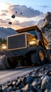A fleet of large yellow mining trucks drives along a dirt road in a unique open-pit mine, featuring a visually striking Royalty Free Stock Photo