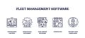 Fleet management software icons outline show centralized control, operational efficiency,...