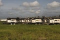 A fleet of mobile lighting towers.