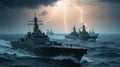 Navy Destroyer Fleet Braving Stormy Seas with Dramatic Lightning Strike - Powerful Maritime Royalty Free Stock Photo