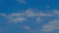 The impressive and breathtaking formation of helicopters takes place against the beautiful blue sky Royalty Free Stock Photo