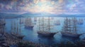 Sailboat Fleet in Harbor at Sunrise, Tall Ship Armada Sailing Adventure Royalty Free Stock Photo
