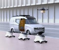 Fleet of self-driving delivery robots, van and drone