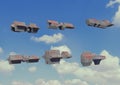 Fleet of spaceships flying over city sky. science fiction concept