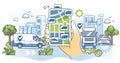 Fleet tracking with GPS location or navigation services outline hands concept
