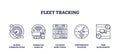 Fleet tracking icons outline showing global communication, connected vehicles, and...