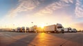 Fleet of trucks parked at parking lot yard of delivery company. Truck transport. Logistic industry. Freight transportation. Royalty Free Stock Photo