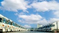 Fleet of trucks parked at parking lot yard of delivery company. Truck transport. Logistic industry. Freight transportation. Truck Royalty Free Stock Photo