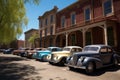 fleet of vintage vehicles on a sunny day, parked outside historical building