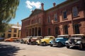 fleet of vintage vehicles on a sunny day, parked outside historical building