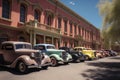 fleet of vintage vehicles on a sunny day, parked outside historical building