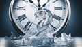 Fleeting Time: Melting Ice Sculpture and Ticking Clock