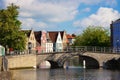 Flemish houses and bridge over canal in Brugge