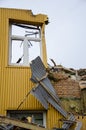 Flensburg Fahrensodde Burning Fire Airplane hanger. Yellow destroyed facade with broken window