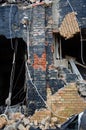 Flensburg Fahrensodde Burning Fire Airplane hanger. View of destroyed brickwork through the fallen wall
