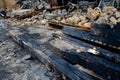 Flensburg Fahrensodde Burning Fire Airplane hanger. View of debris, building destruction after fire Royalty Free Stock Photo