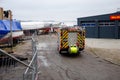 Flensburg Fahrensodde Burning Fire Airplane hanger. View of a fire truck from back. Royalty Free Stock Photo