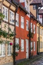 Beautiful old houses in a small picturesque street in Flensburg, Germany