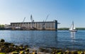 Flensburg,Schleswig-Holstein,Germany,05.29.2021, FSG shipyard of Flensburg with boat crossing by
