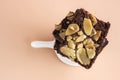 Fleshly baked almond brownies desert background Royalty Free Stock Photo