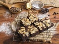 Fleshly baked almond brownies desert background Royalty Free Stock Photo