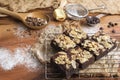 Fleshly baked almond brownies desert background Royalty Free Stock Photo