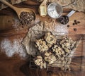 Fleshly baked almond brownies desert background Royalty Free Stock Photo
