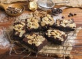 Fleshly baked almond brownies desert background Royalty Free Stock Photo