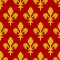 Knitted woolen pattern with golden royal lilies on red Royalty Free Stock Photo