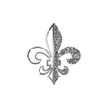 Fleur de lis symbols, silver glittering silhouettes - heraldic symbols. Vector Illustration. Medieval signs.Glowing french fleur d