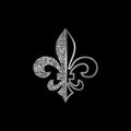 Fleur de lis symbols, silver glittering silhouettes - heraldic symbols. Vector Illustration. Medieval signs.Glowing french fleur d