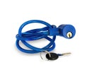 Flexible blue bicycle cable with key on white background. Protecting your bike from hacking.