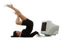 Flexible businesswoman with laptop