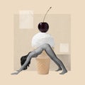 Flexible girl in underwear standing in front of big ice-cream with cherry. Contemporary art collage. Body care, eco Royalty Free Stock Photo