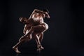 Flexible gymnasts performing in the black colored studio